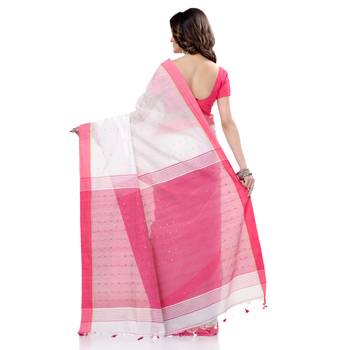 White hand woven cotton saree with blouse 5