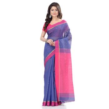 Blue hand woven cotton saree with blouse 2
