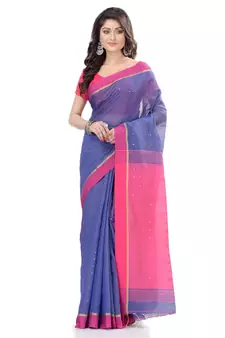 Blue hand woven cotton saree with blouse