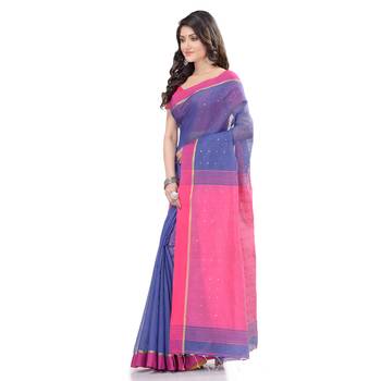 Blue hand woven cotton saree with blouse 3