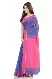 Blue hand woven cotton saree with blouse
