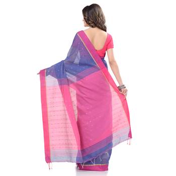 Blue hand woven cotton saree with blouse 5
