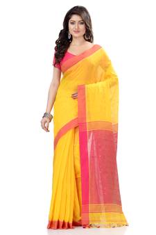 Yellow hand woven cotton saree with blouse