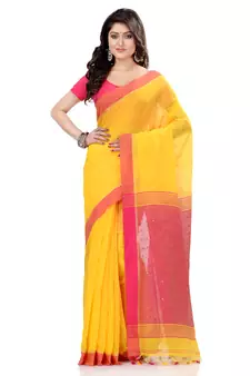Yellow hand woven cotton saree with blouse
