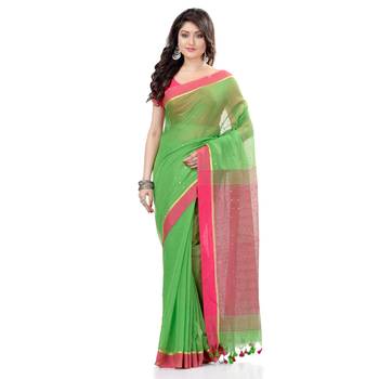 Green hand woven cotton saree with blouse 1