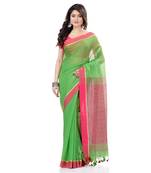 Green hand woven cotton saree with blouse