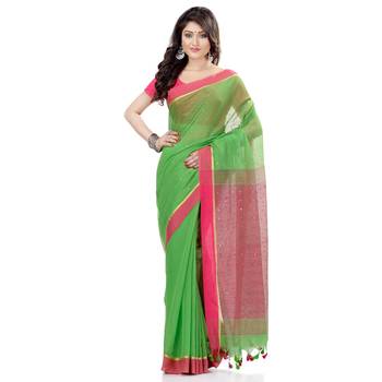 Green hand woven cotton saree with blouse 2