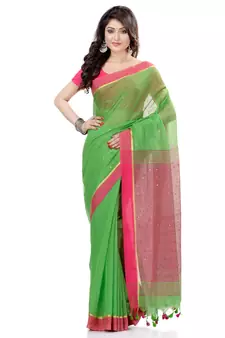 Green hand woven cotton saree with blouse