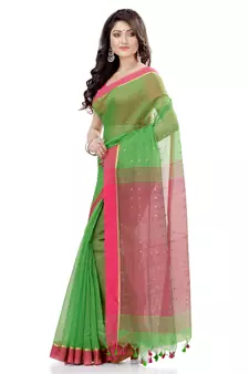 Green hand woven cotton saree with blouse