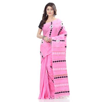 Pink hand woven cotton saree with blouse 1