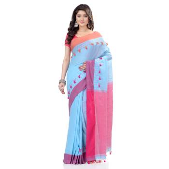   sky blue hand woven cotton saree with blouse 1
