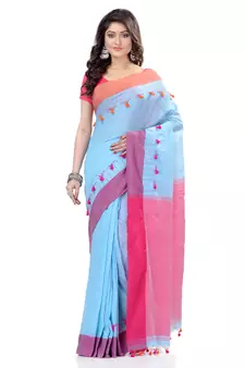   sky blue hand woven cotton saree with blouse