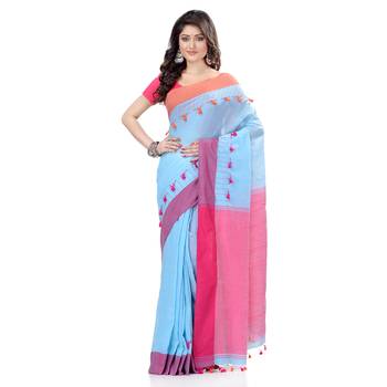   sky blue hand woven cotton saree with blouse 2