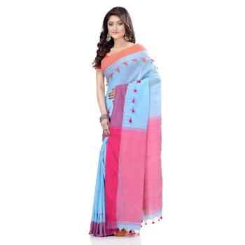   sky blue hand woven cotton saree with blouse 3