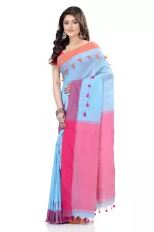   sky blue hand woven cotton saree with blouse