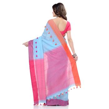   sky blue hand woven cotton saree with blouse 5
