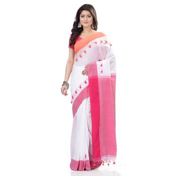 White hand woven cotton saree with blouse 1