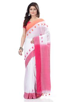 White hand woven cotton saree with blouse
