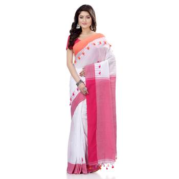White hand woven cotton saree with blouse 2