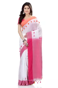 White hand woven cotton saree with blouse
