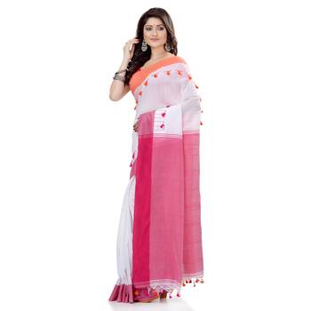 White hand woven cotton saree with blouse 3