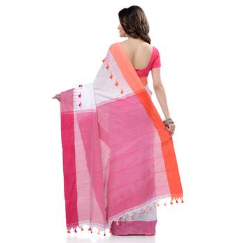 White hand woven cotton saree with blouse 5