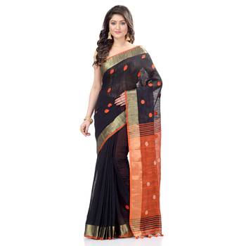 Black hand woven cotton saree with blouse 1