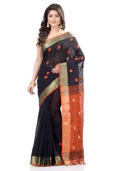 Black hand woven cotton saree with blouse