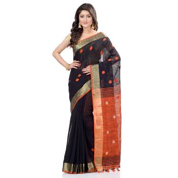 Black hand woven cotton saree with blouse 2