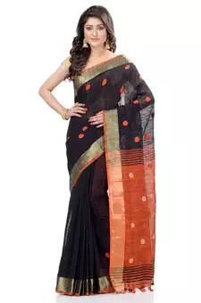 Black hand woven cotton saree with blouse
