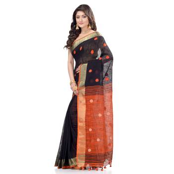 Black hand woven cotton saree with blouse 3