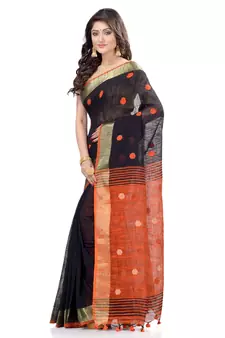 Black hand woven cotton saree with blouse