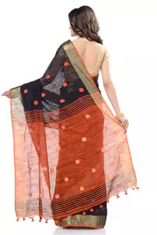 Black hand woven cotton saree with blouse