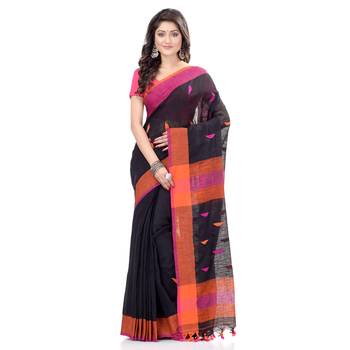 Black hand woven cotton saree with blouse 1
