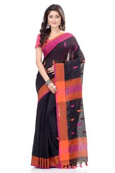Black hand woven cotton saree with blouse