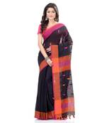 Black hand woven cotton saree with blouse