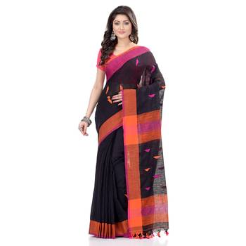 Black hand woven cotton saree with blouse 2