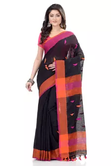 Black hand woven cotton saree with blouse