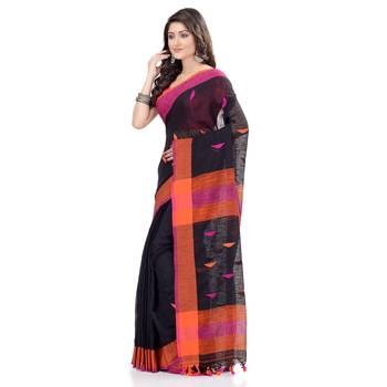 Black hand woven cotton saree with blouse 3