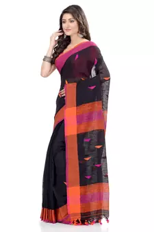 Black hand woven cotton saree with blouse