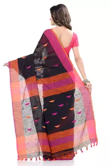 Black hand woven cotton saree with blouse