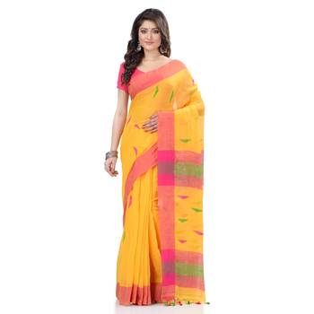 Yellow hand woven cotton saree with blouse 1