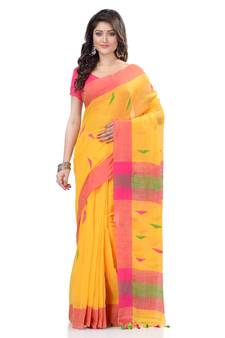 Yellow hand woven cotton saree with blouse