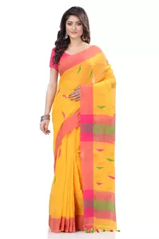 Yellow hand woven cotton saree with blouse