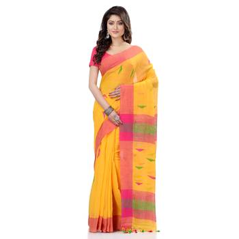 Yellow hand woven cotton saree with blouse 2