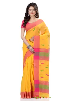 Yellow hand woven cotton saree with blouse