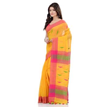 Yellow hand woven cotton saree with blouse 3