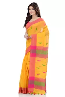 Yellow hand woven cotton saree with blouse