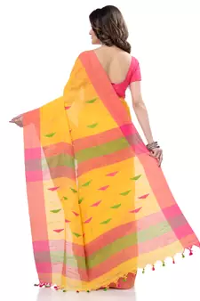 Yellow hand woven cotton saree with blouse