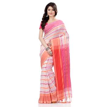 White hand woven cotton saree with blouse 1